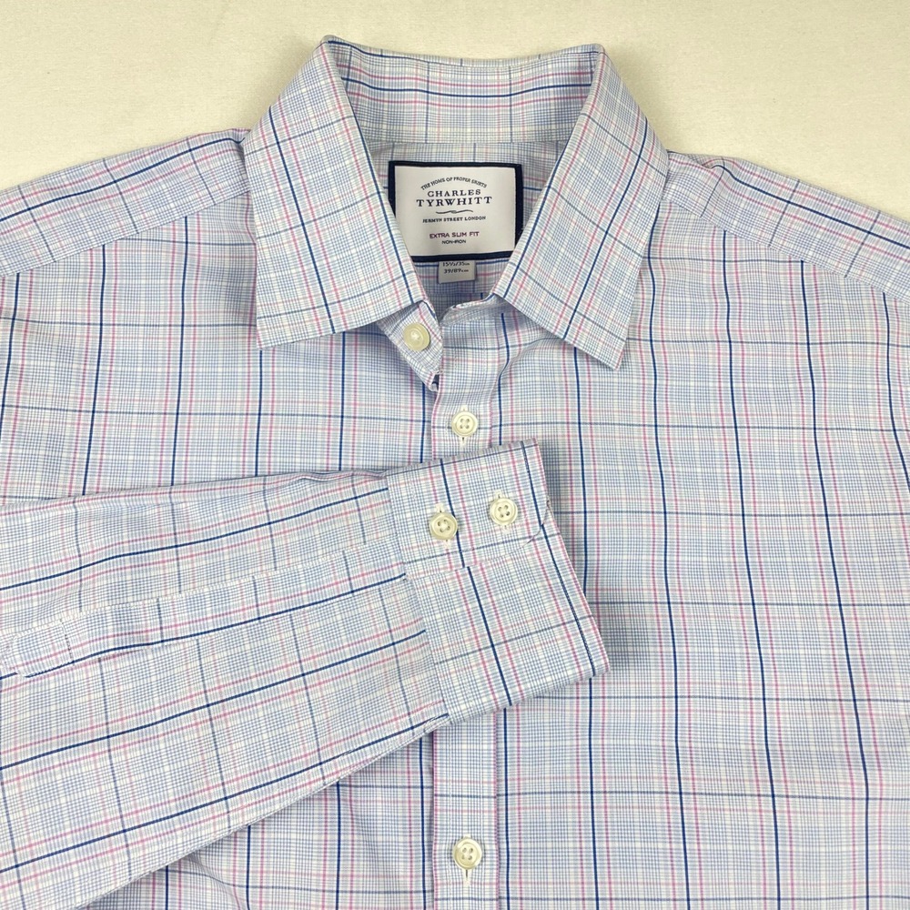 Charles Tyrwhitt Extra Slim Fit Dress Shirt 15.5 35 Non-Iron Blue Pink Check Men